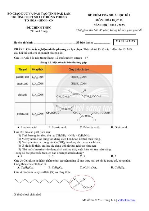 Đề thi Giữa kì 1 Hóa học 12 năm 2025-2026 trường THPT số 1 Lê Hồng Phong (Đắk Lắk)